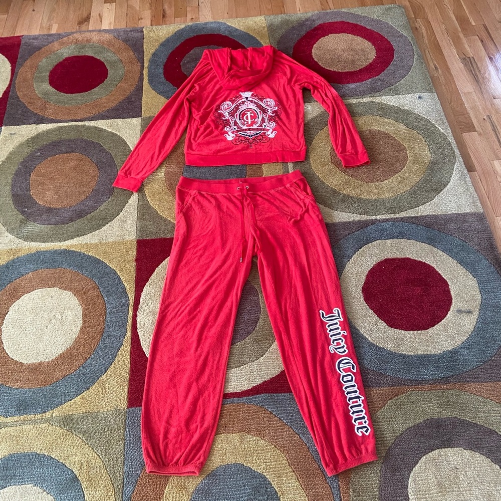 Juicy Couture y2k Red Bling Graphic Terrycloth Tracksuit Jacket Pants Set XL